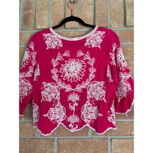 Anthropologie Solitaire Pink Embroidered Boho Style Blouse With Bell Sleeves